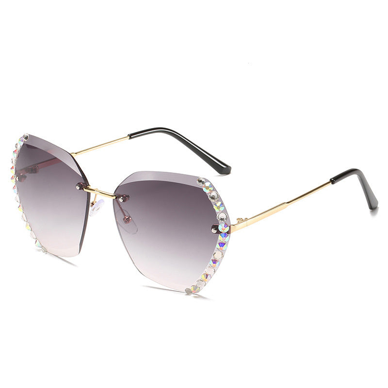 Rimless Sunglasses With Diamond-Studded Polygonal Sunglasses