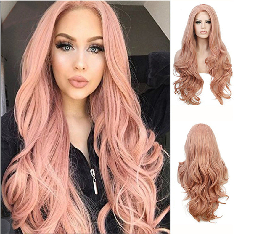 Mid-length long curly pink wig cover