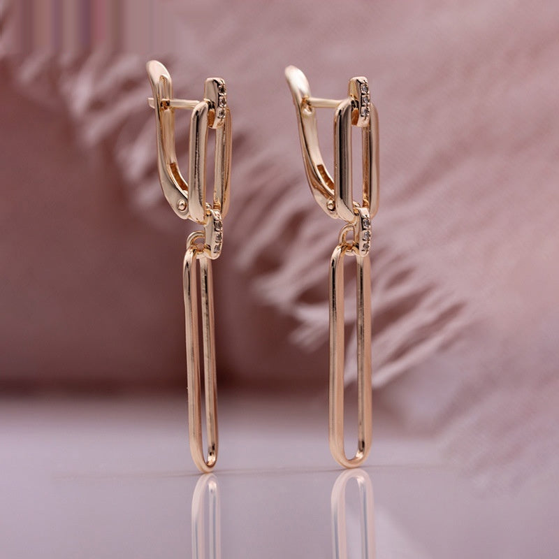 Micro-inlaid Natural Zircon Long Dangle Hollow Rose Gold Earrings