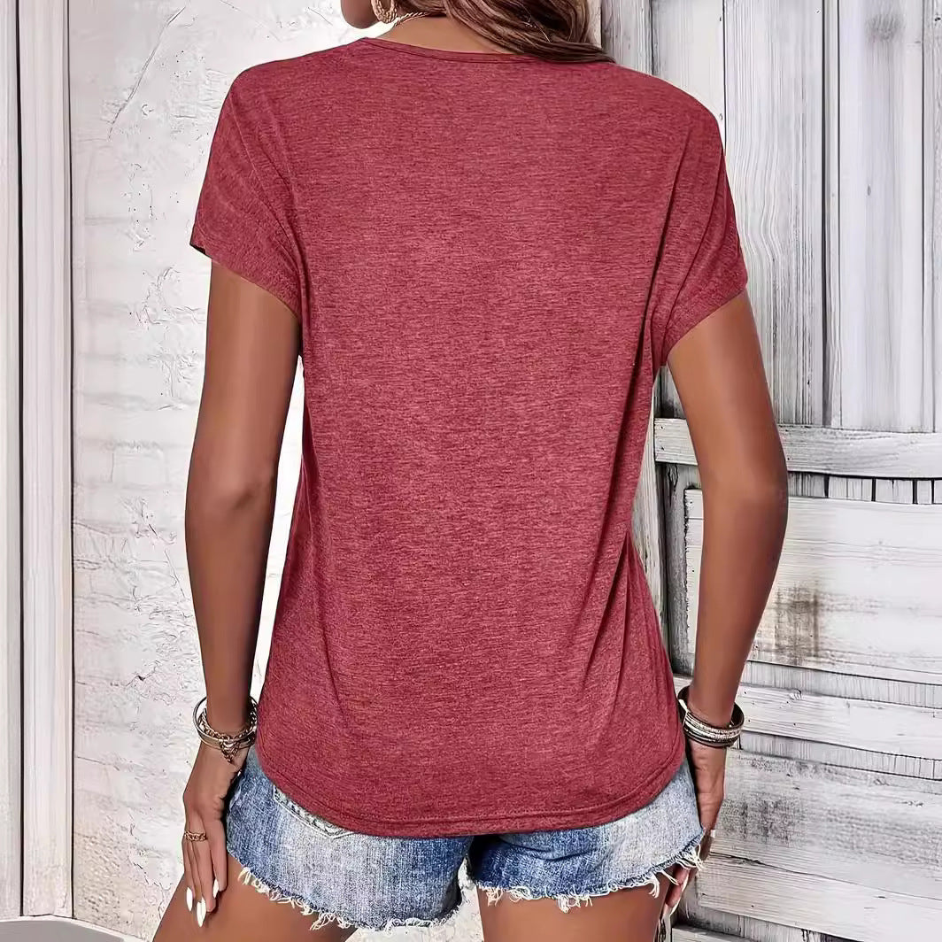 Summer New Women's Solid Color And V-neck T-shirt