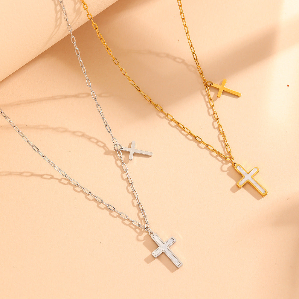 Women's Simple Stainless Steel Imitation Shell Cross Pendant Necklace