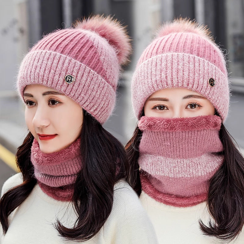 All-match Cycling Warm With Velvet Cold-proof Women's Winter Cotton-padded Cap Scarf Set