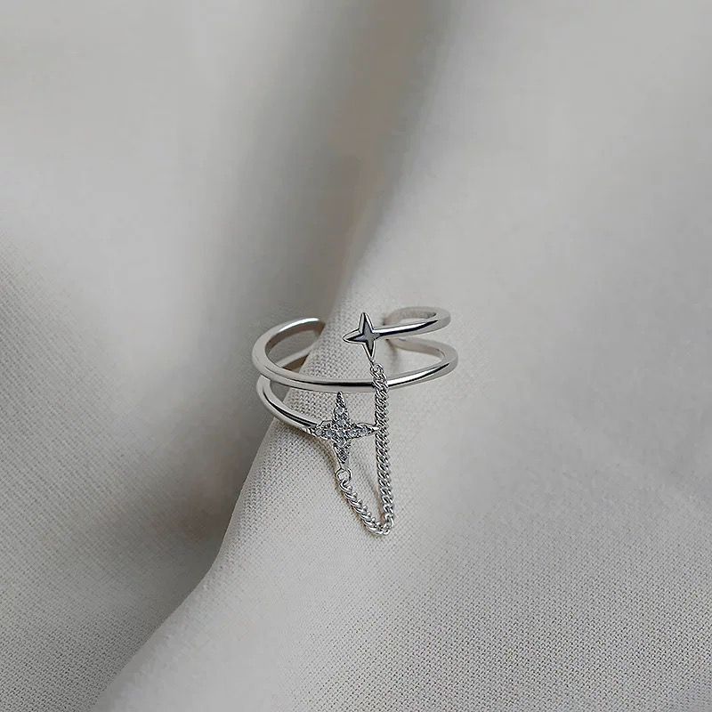 Cross Zircon Star Open-end Ring Trendy Unique Chain