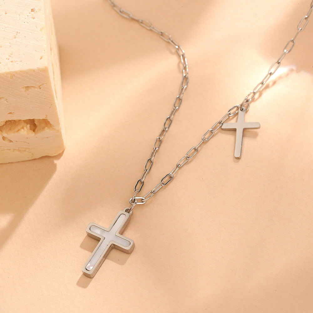 Women's Simple Stainless Steel Imitation Shell Cross Pendant Necklace