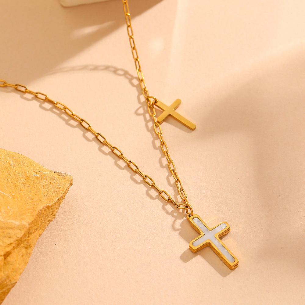 Women's Simple Stainless Steel Imitation Shell Cross Pendant Necklace